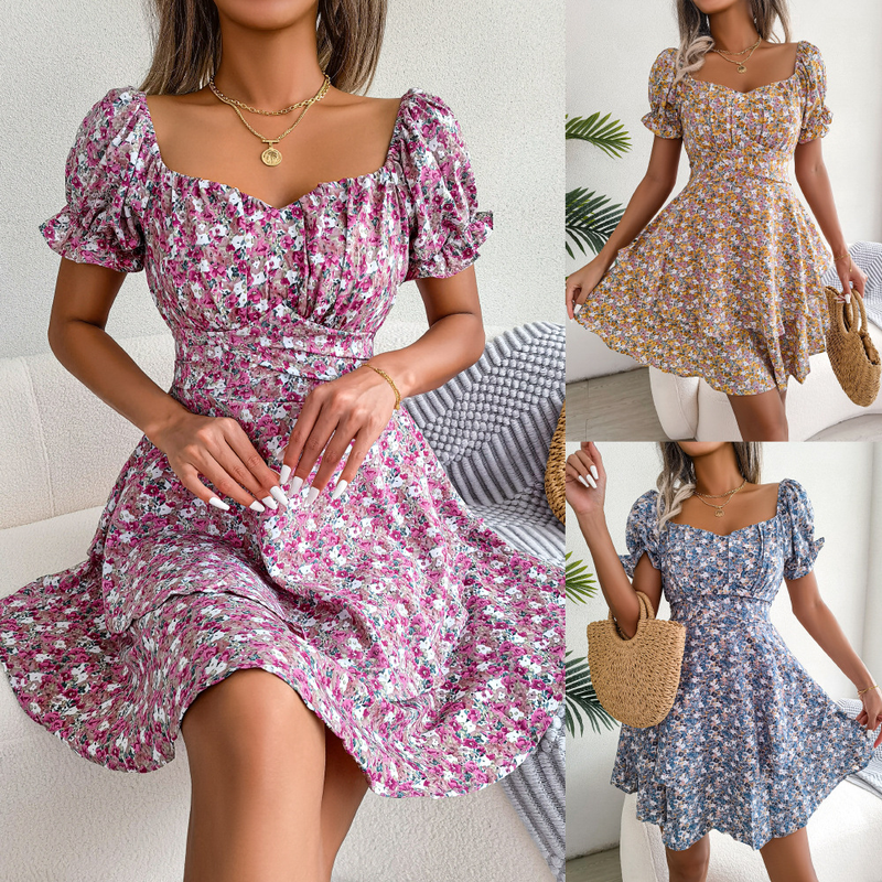 Estilo INS 2022 Primavera/Verão Fragmentado Flor Fragmentada Cintura com Cadarço Grande Vestido Balanço Feminino_voghion.com