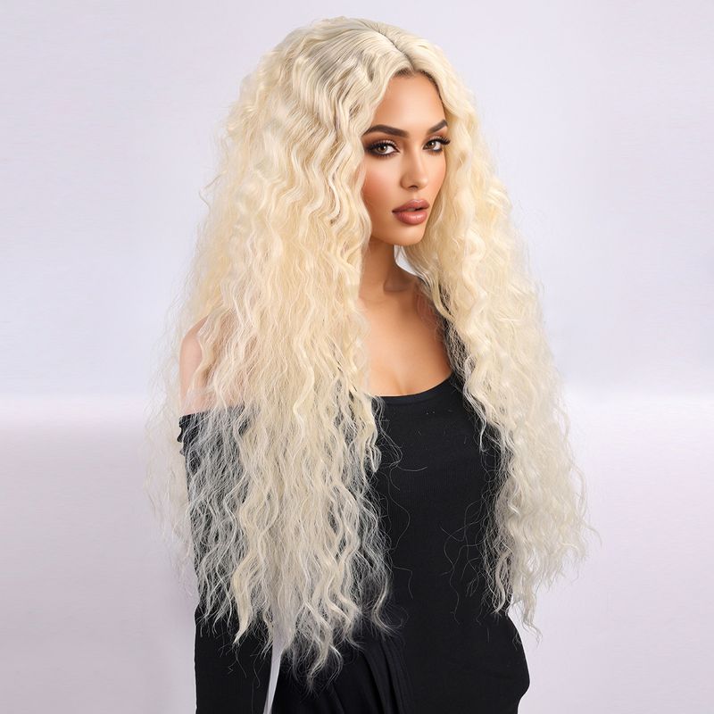 Parrucca con extension per capelli, nuova parrucca per donna, capelli neri ricci alla moda, ondulati, ricci di mais, riga centrale, frangia, copricapo completo._voghion.com