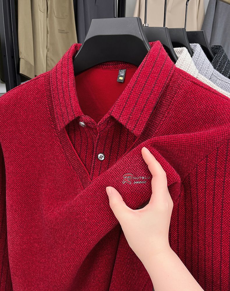 Men's Fake Two-Piece Turn-Down Collar Thickened Sweater Winter New Fleece-Lined Warm Middle-Aged Base Knitwear Top_voghion.com