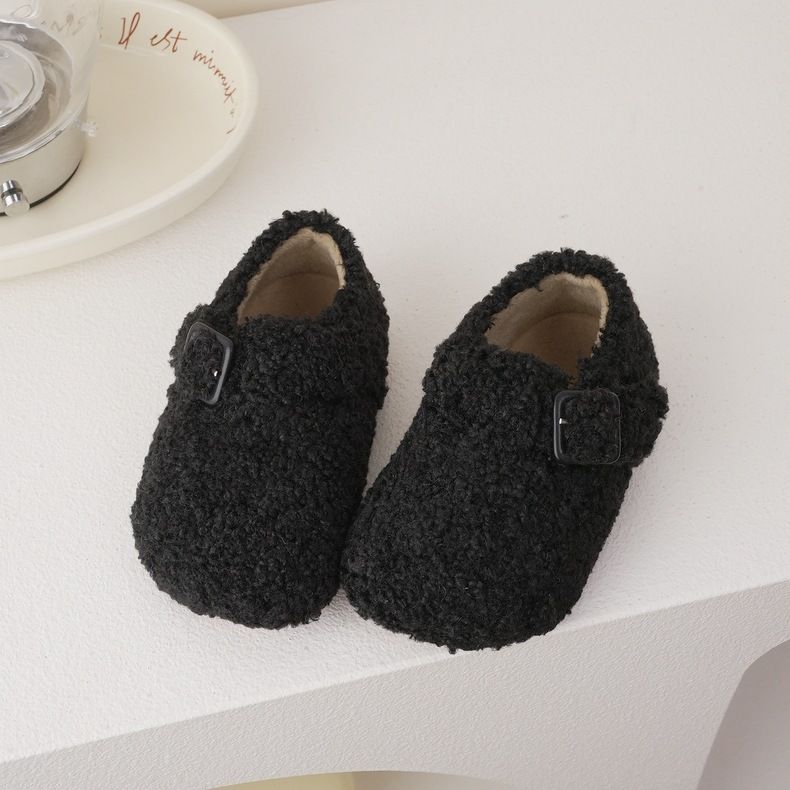 Kids' Fleece-Lined Indoor Slippers – Cozy Winter House Shoes With Hook & Loop Closure (Unisex, Sizes 23-32, Beige/Brown/Black)_voghion.com