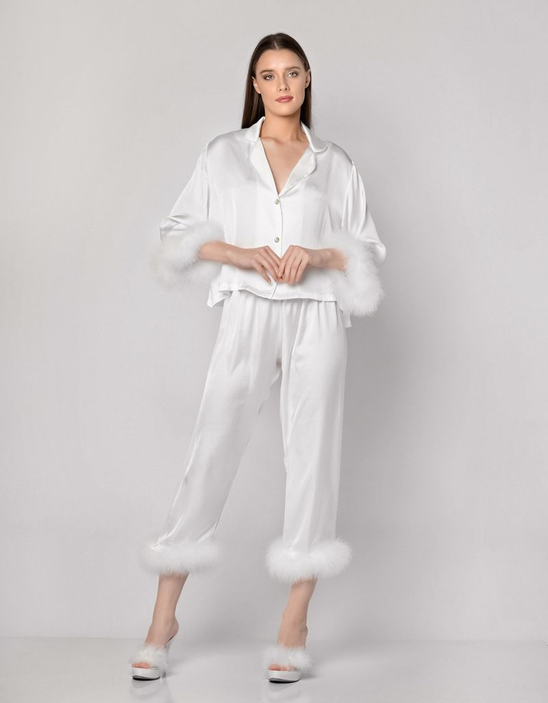 Weiße Strickjacke mit langen Ärmeln, Federhose, Pyjama, zweiteiliges Set, hautfreundliche, weiche Damen-Hauskleidung_voghion.com