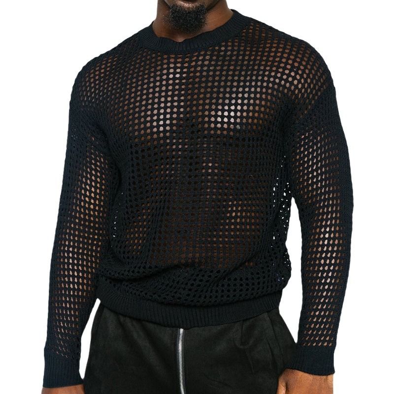 Men's sexy hollow out men's knitted versatile style round neck pullover thin sweater SY0118_voghion.com