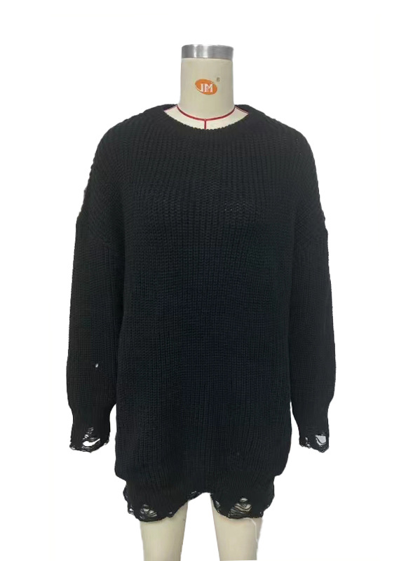 Pull tricoté à manches longues et col rond pour femme, ample et déchiré, mi-long, nouvelle collection_voghion.com