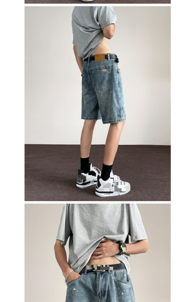 Ink Splashed Denim Shorts Men's Retro Street Loose Straight Shorts High Street Trend Solid Color Versatile Casual Shorts_voghion.com