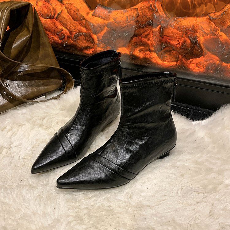 High Heels, French Style, Large Circumference, Widened Elastic, Thick Leg Fashion, Skinny Boots, 69 Pointed Martin Boots, Short Boots, Bare Boots_voghion.com