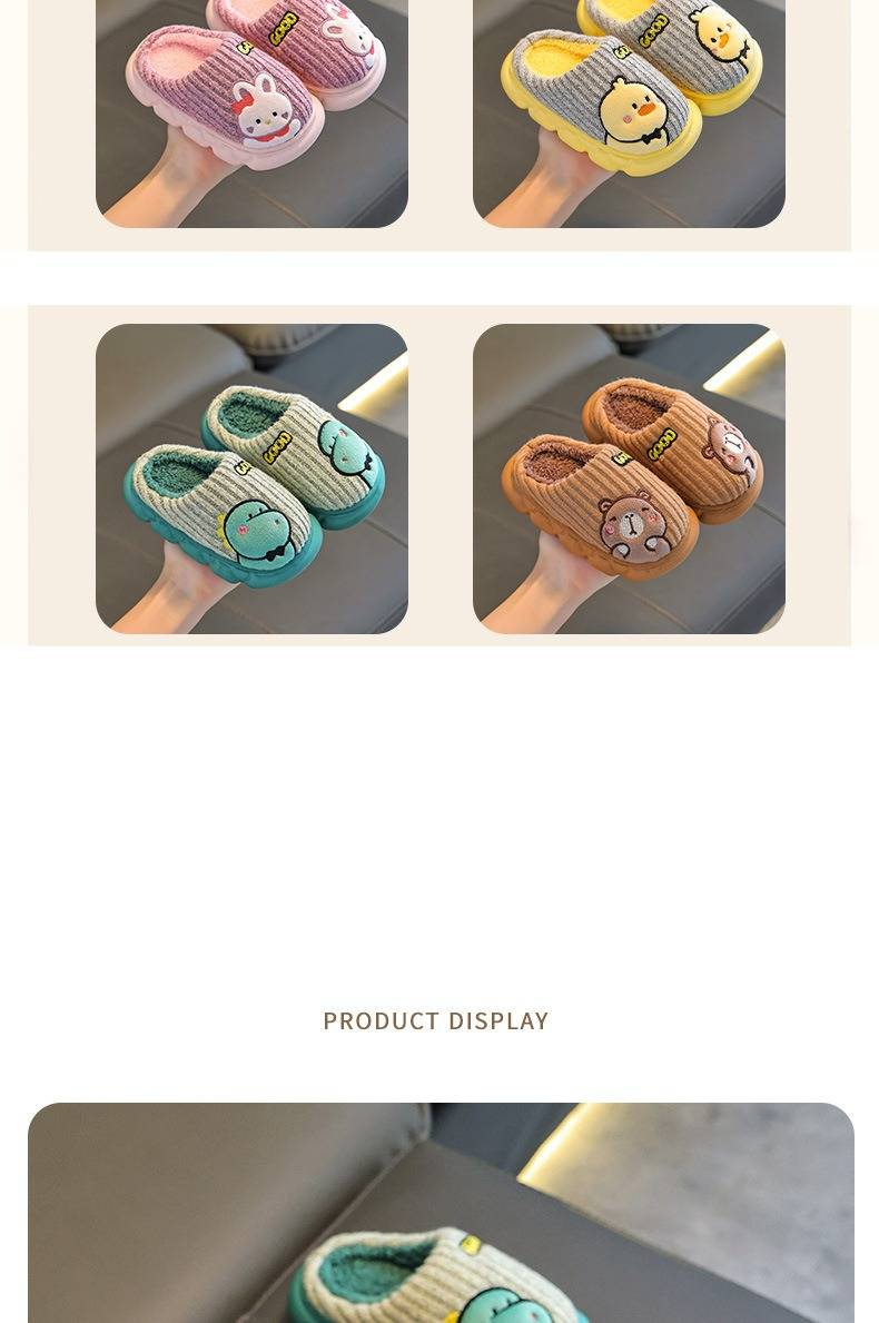 Pantufas de inverno infantis com forro de pelúcia - Pantufas aconchegantes com estampa de animais para meninos e meninas (coelho rosa, capivara, dinossauro verde, pato cinza)_voghion.com