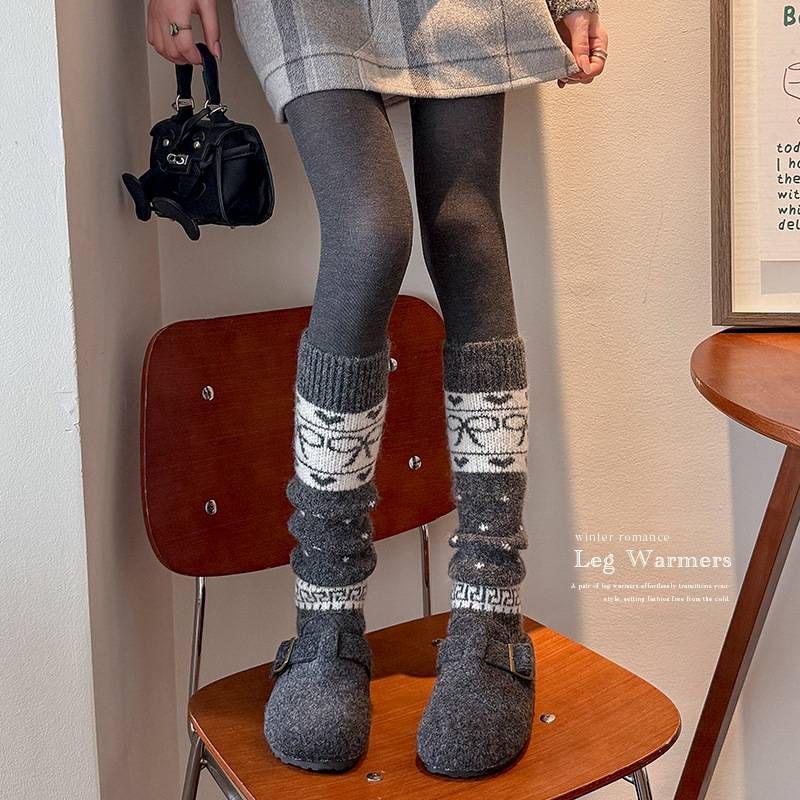 Beinstulpen Bootshang Baumwollsocken für Damen Herbst und Winter Wolle Warm Dick Schleife Retro Maillard Heavy Industry Fair Isle Strümpfe_voghion.com