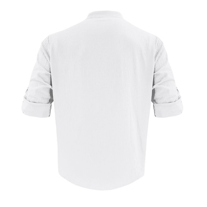 Camicia da spiaggia a maniche lunghe, semplice, traspirante, in lino, casual e ampia, da uomo, stile hawaiano, stile transfrontaliero americano._voghion.com