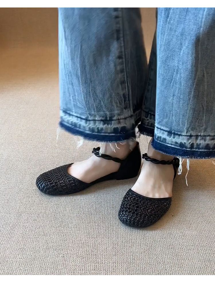 Sandalias de piel suave con diseño hueco y tejido estilo francés para mujer, con una tira y punta redonda color camelia._voghion.com