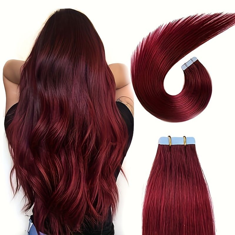 Bordeauxrøde Tape-in Hair Extensions til Kvinder, Glat Remy Ægte Hår, Glat Hair Extensions, Vinrøde Hair Extensions_voghion.com