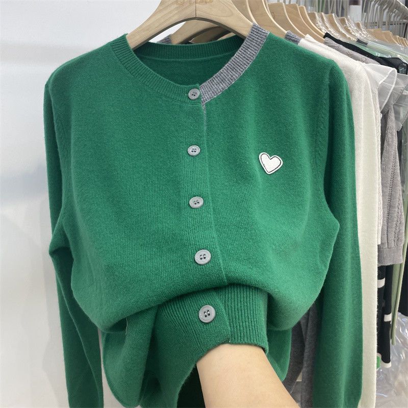 Cardigan à col en V style japonais pour femme - Pull oversize en tricot à motif cœur (blanc, vert, gris) - Taille unique_voghion.com