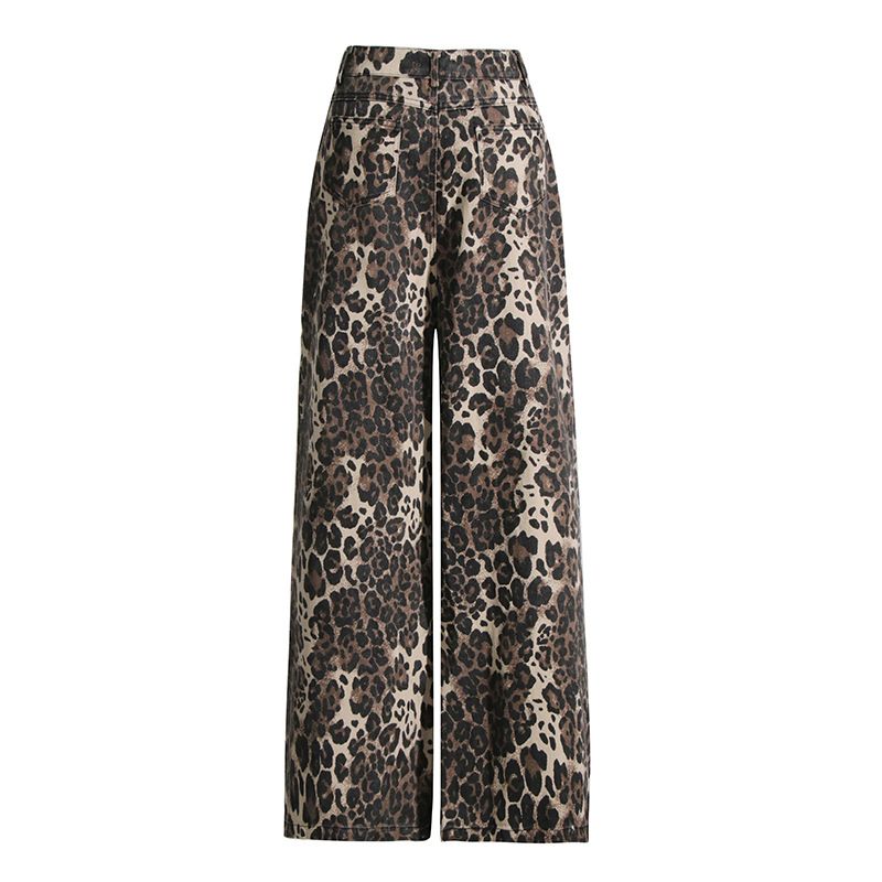 Women's clothing New American Retro Leopard Print High Waist Slim Straight Pants Niche Design Ripped Jeans_voghion.com