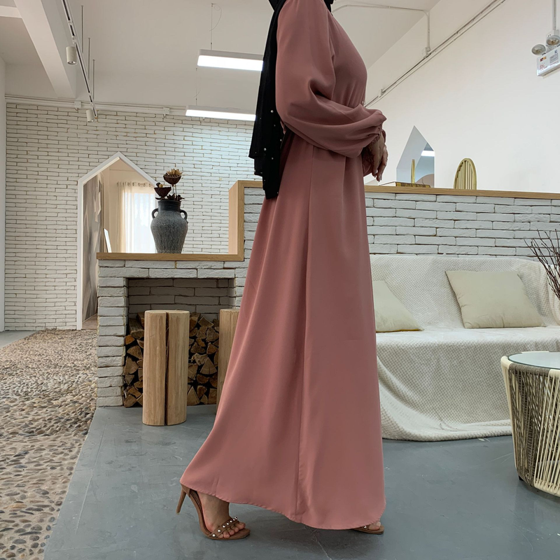 Roupas femininas nova moda muçulmana lapela cor sólida botão completo vestido fino saia longa_voghion.com