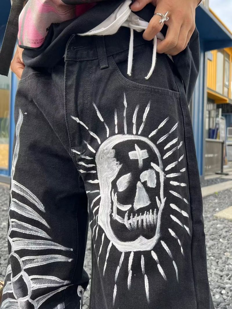 Herreklær High Street Tåke Personlig Trykt Brodert Jeans Hip Hop Trendy Svarte Flagrende Løse Bukser Trendy_voghion.com