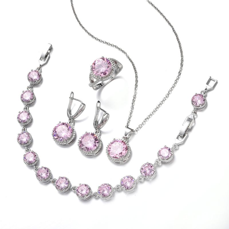 Set di gioielli da donna - Eleganti orecchini a bottone con zirconi rotondi, collana, bracciale e anello in più colori per l'uso quotidiano. Set di collana e orecchini._voghion.com