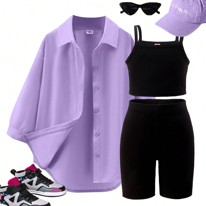 Παιδικά Ρούχα Άνοιξη και Φθινόπωρο Νέα Κοστούμια για Κορίτσια Μικρά και Μεσαία Παιδικά Μονόχρωμες Τιράντες + Σορτς + Μακρυμάνικο Μπουφάν Σετ Τριών Τεμαχίων_voghion.com