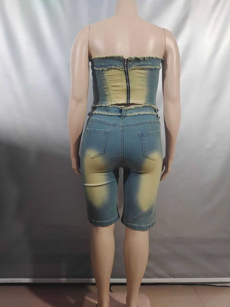 Women's Clothing Jeans Suit Fashion Raw Edge Wrap Top High Waist Denim Shorts_voghion.com