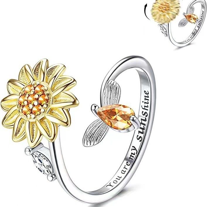 Rotating Engraving Adjustable Anxiety Open Stress Relief Zircon Ring For Women_voghion.com