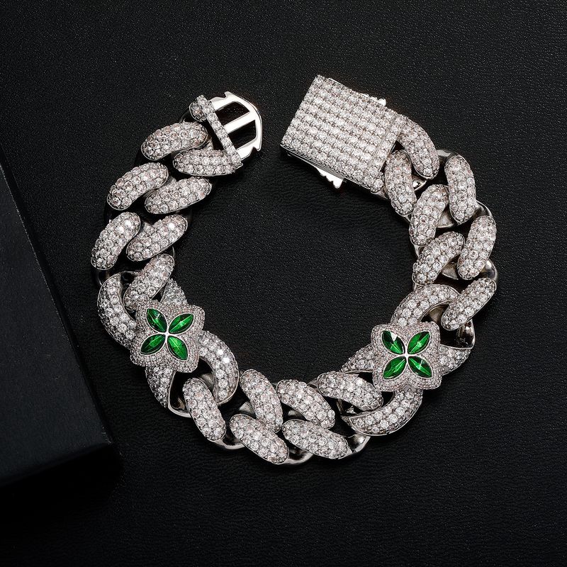 Herrenschmuck, kubanisches Gliederarmband mit vierblättrigem Kleeblatt, grünem Edelstein, verstellbarer Federverschluss, 17,8–20,3 cm, geometrisches Design, Unisex-Modeaccessoire_voghion.com