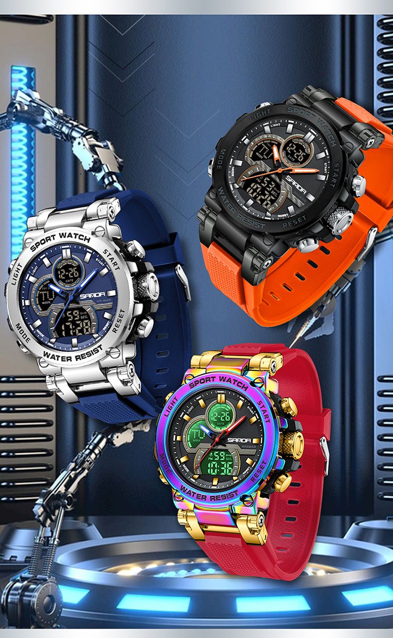 Men's Digital Analog Sports Watch With Night Light, Waterproof, Dual Time, Countdown, Stopwatch, Alarm, And Hourly Chime_voghion.com