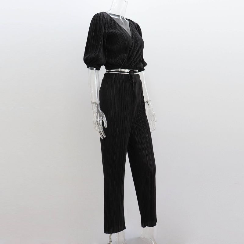 Costume pantalon droit décontracté pour femmes, nouveau Style, couleur unie plissée, manches courtes, cravate, col en v, haut pantalon, costume deux pièces_voghion.com