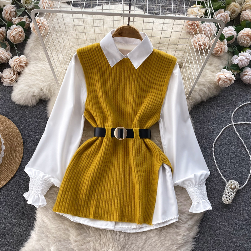 Set de două piese pentru femei, cămașă albă cu mâneci lungi și vestă din tricot despicat_voghion.com