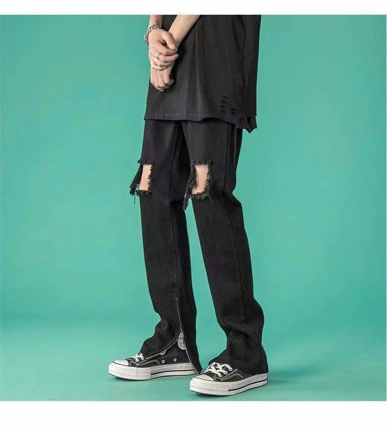 Vīriešu vasaras plānas, nogurušas džinsa bikses ar hiphopa šķelto rāvējslēdzēju, ubaga tendences, pieguļošas tēta bikses ar nogurušām biksēm_voghion.com