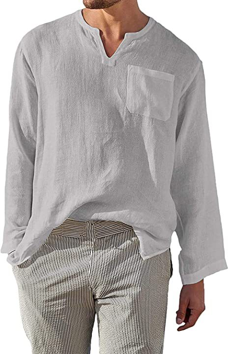 Unbeatable Quality Spring And Summer New Loose Multi-color Cotton Linen Long Sleeved For Men's Simple Standing Neck V-neck Shirt_voghion.com