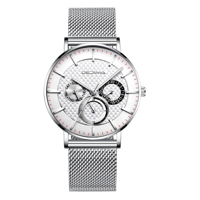 Reloj Detima Fashion ultrafino con tres esferas y seis agujas, multifuncional, con correa de malla de acero_voghion.com
