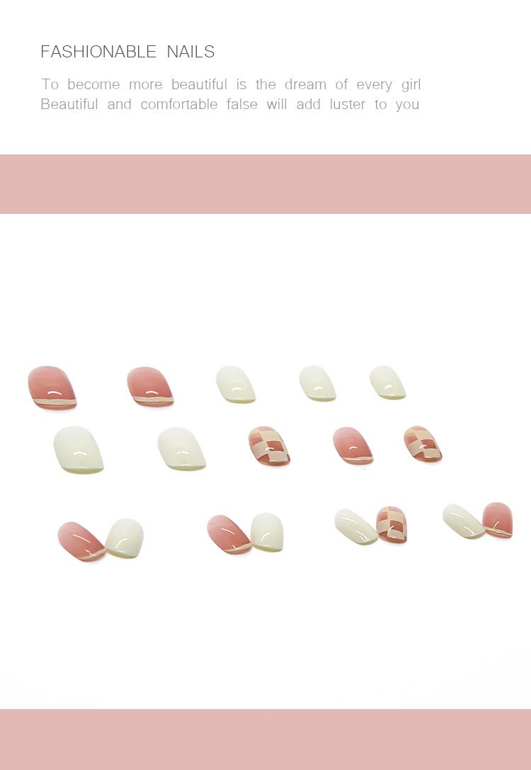 Unghie corte con armatura rosa a scacchiera, unghie francesi, adesivi per unghie rimovibili, unghie finite_voghion.com
