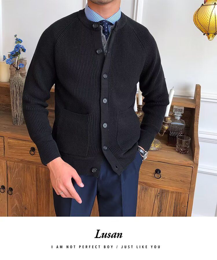 Übergroßer Strick-Cardigan für Herren – Dehnbarer und atmungsaktiver Freizeitpullover mit offener Vorderseite (Schwarz/Grau/Karamell) – Übergröße_voghion.com