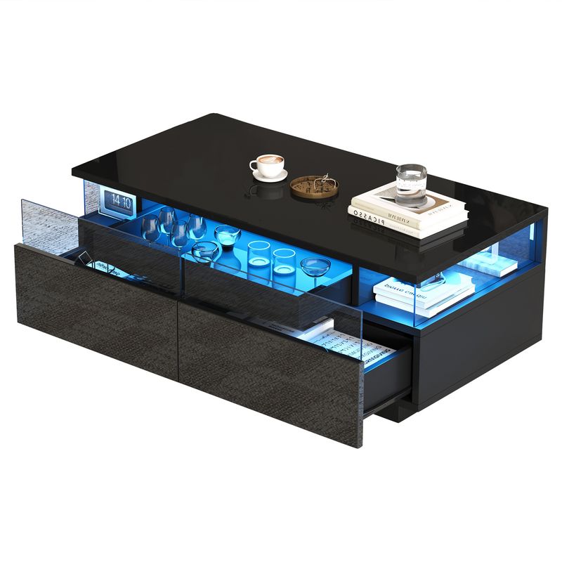 Table basse noire brillante 90 x 45 x 35,5 cm avec éclairage LED, table d'appoint en verre trempé avec 2 tiroirs et plateau pour salon_voghion.com