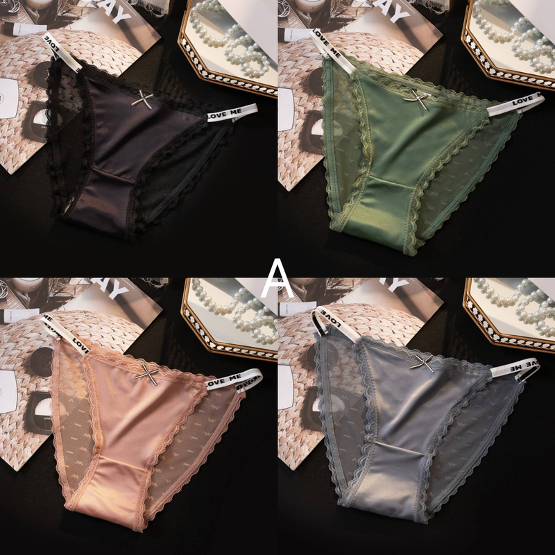 4pcs Light luxury satin lace belt low waist cotton crotch sexy pure summer trackless underwear size:L-XL_voghion.com