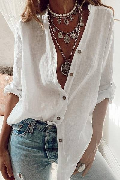 S-5XL Women Loose Blouse Shirts Oversized Female V Neck Long Sleeve Button Beach Sand Holiday Baggy Blouse Tops_voghion.com