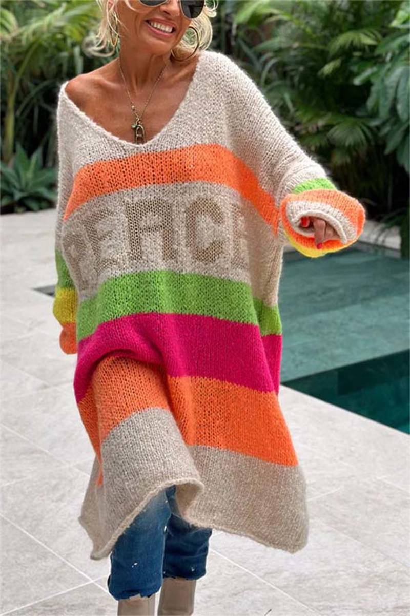 Vêtements pour femmes Printemps et automne Pull en tricot ample à rayures arc-en-ciel à col en V pour femmes 3 couleurs_voghion.com