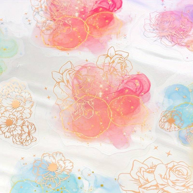 30 Sheets/pack Of Starlight Flower Charm Series Watercolor Gradient Hot Stamping PET Stickers, Handmade DIY Collage Decorative Paper_voghion.com