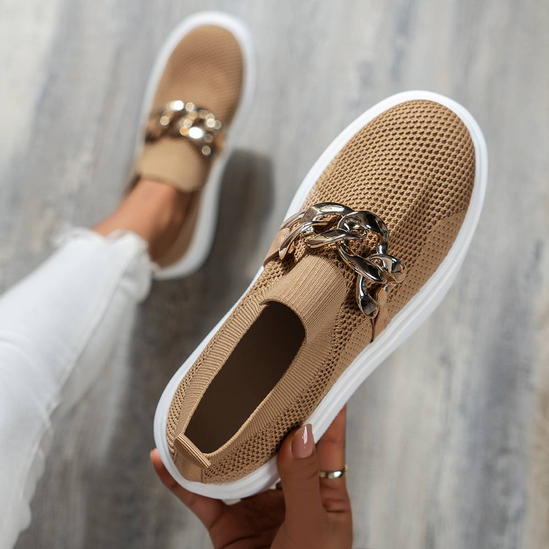 Damenschuhe mit Kettendekor, atmungsaktivem Mesh Air, runder Zehenbereich, flache Schuhe, Slip-On-Loafer für Mädchen, Damenschuhe_voghion.com