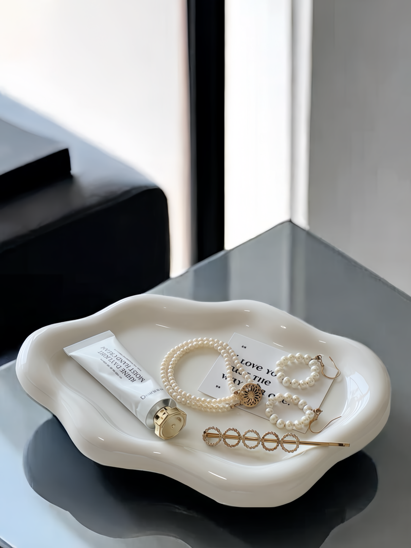 Bandeja de cerámica para guardar joyas con forma de nube blanca, ideal para estantes de escritorio, placas de inducción con llave._voghion.com