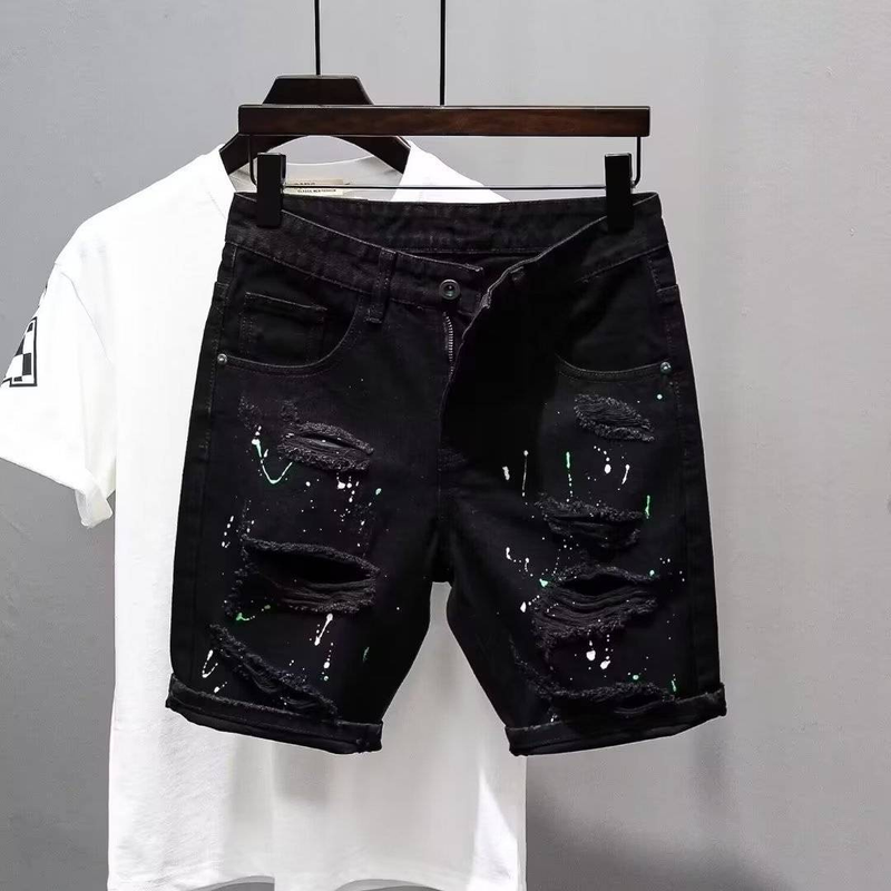Schwarze Denim-Shorts im Used-Look für Herren – Sommer-Stretch-Komfort-Passform, lässige 5-Zoll-Schrittlänge, verwaschener Vintage-Stil_voghion.com