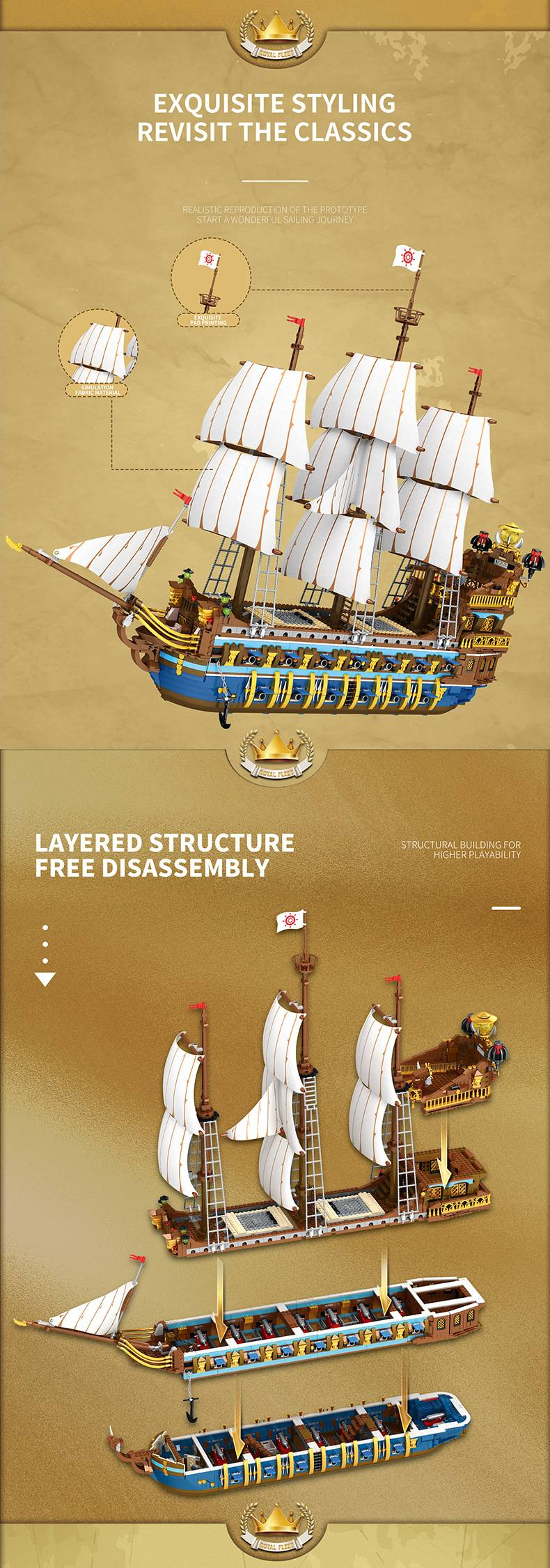 Zestaw klocków konstrukcyjnych Royal Sunshine Ship – ponad 800 klocków ABS, model łodzi DIY dla nastolatków i dorosłych, kreatywna i wymagająca zabawka STEM_voghion.com