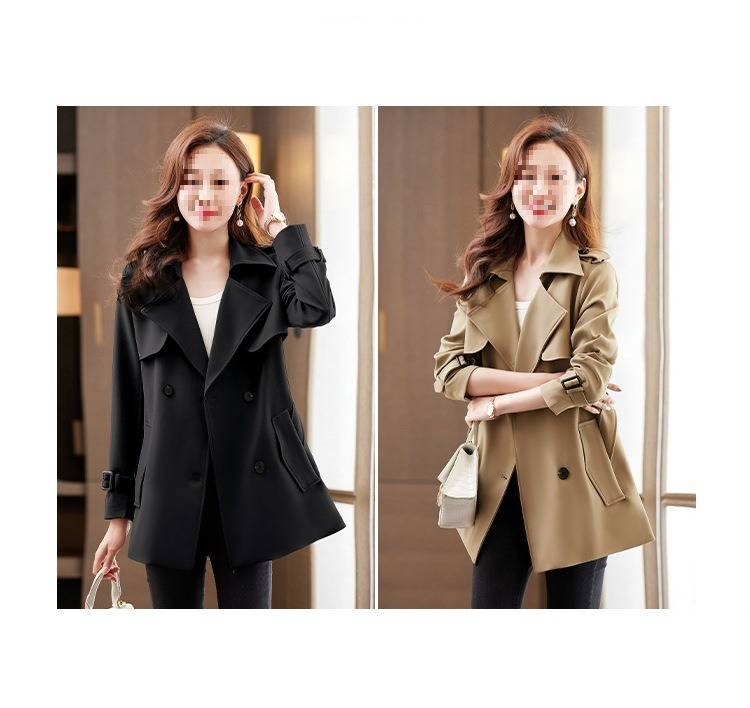 Elegante, door Audrey Hepburn geïnspireerde trenchcoat voor dames – klassieke Britse stijl, slim fit, lange mouwen, dubbele rij knopen (kaki, zwart)_voghion.com