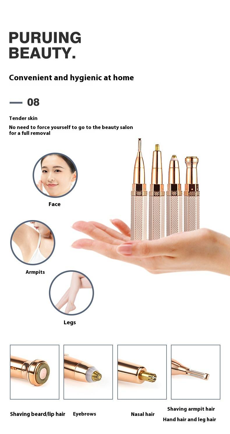 Recortadora de vello eléctrica 4 en 1 para rostro, cejas, nariz, axilas y línea del bikini: depilación indolora con 4 cabezales reemplazables._voghion.com