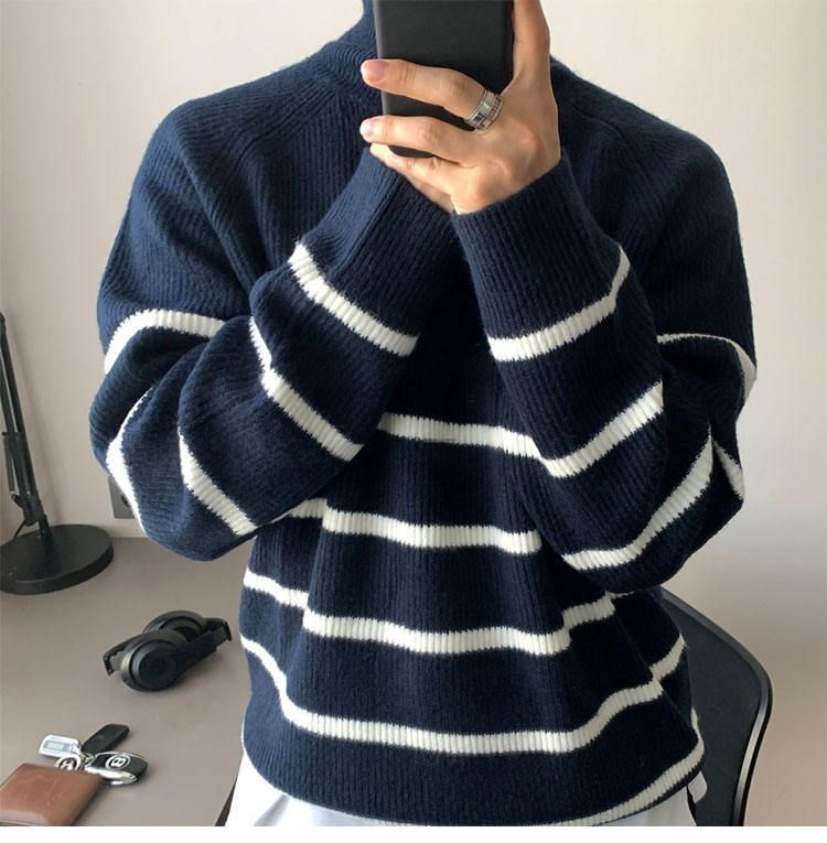 Herrenbekleidung Herren-Pullover mit halbem Reißverschluss und Streifen – Strickpullover mit Stehkragen (Paar-Stil, entspannte Passform)_voghion.com