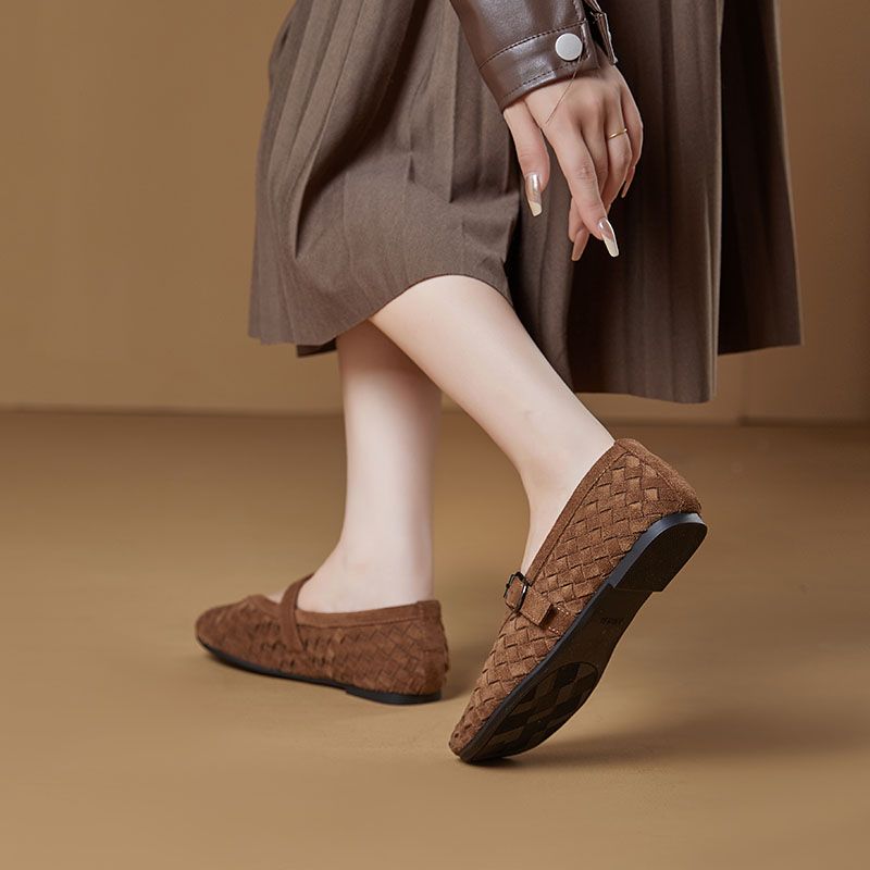 Simple And Versatile Woven Belt Mary Jane Shoes, Round Toe Single Shoes With Woven Texture, Breathable Sheepskin Pad, Comfortable Suede_voghion.com