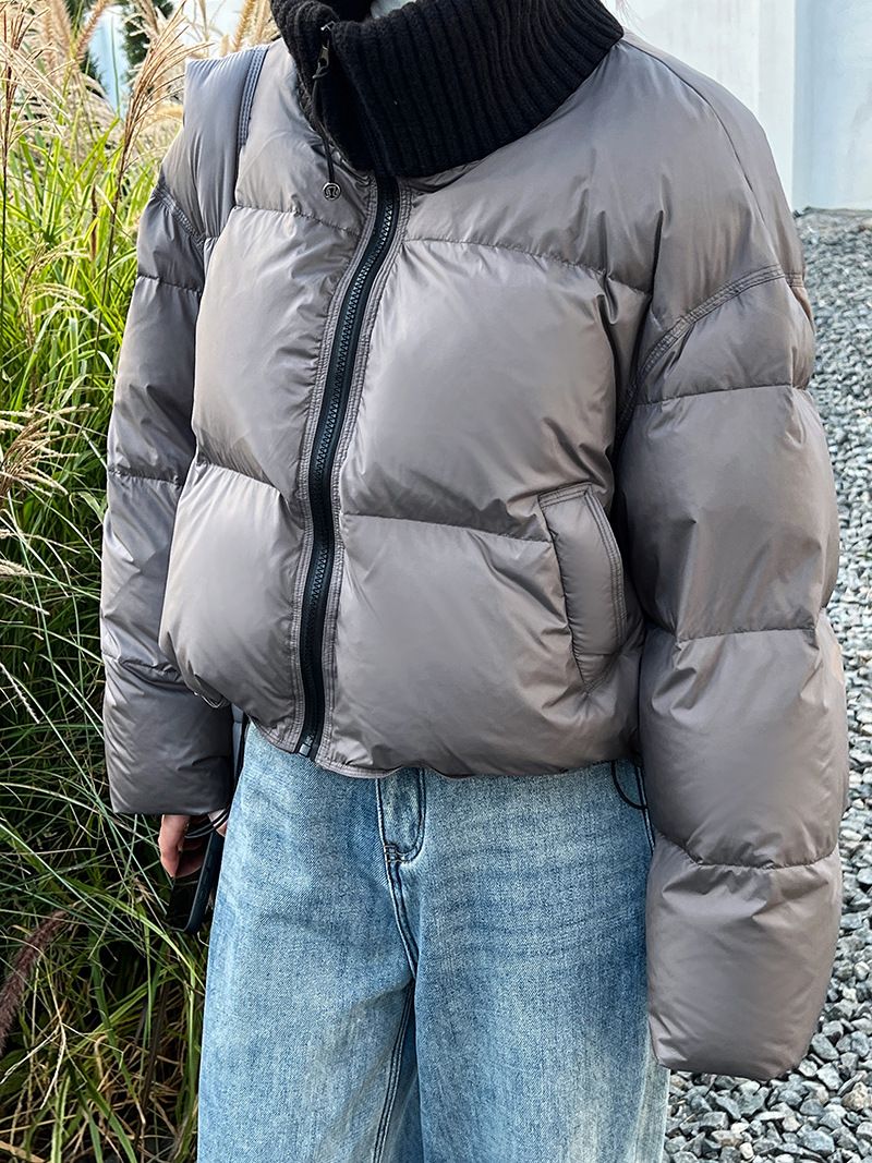 Women's Korean Style Knit Paneled Short Puffer Jacket With High Neck, 90% White Duck Down Filling, Thickened Winter Coat_voghion.com
