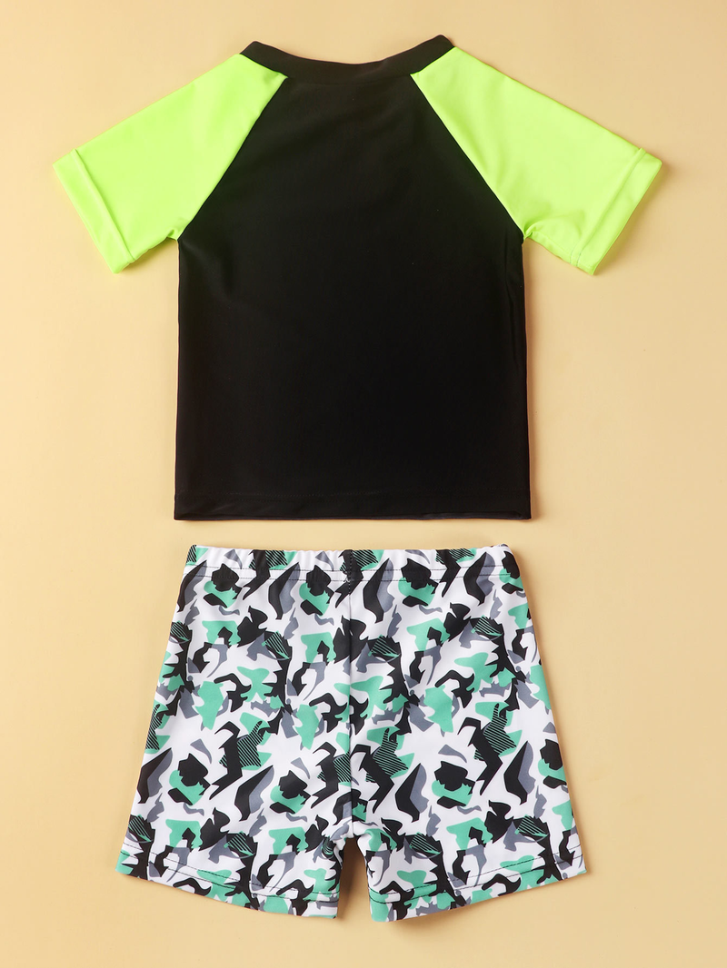 Mother&Kids Children's swimsuit color contrast fashion boys and girls swimsuit short-sleeved two-piece set_voghion.com