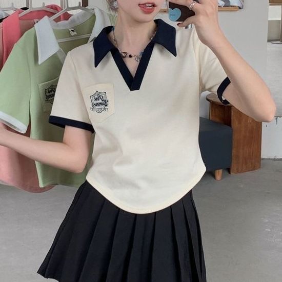 Ženska poletna majica s kontrastnimi rokavi in polo ovratnikom, ohlapna kroja, nišna in elegantna kratka majica_voghion.com