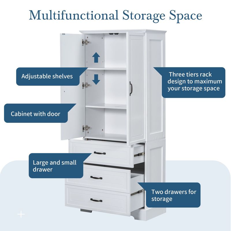 Tall Bathroom Storage Cabinet,Cabinet With Two Doors And Drawers,Adjustable Shelf,MDF Board,White_voghion.com