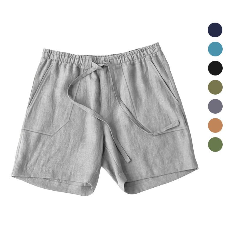 Pantaloncini estivi da uomo in cotone e lino con coulisse elastica in vita, pantaloni casual da spiaggia traspiranti a cinque punte, tinta unita, prodotti premium_voghion.com