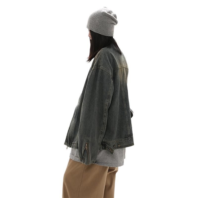 Ameriška moška jakna z opranim rumenim blatom in modrim stoječim ovratnikom_voghion.com